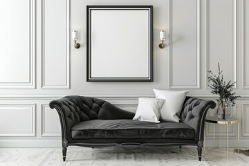 A single blank frame leans against a velvet chaise lounge in an Art Deco-style bedroom