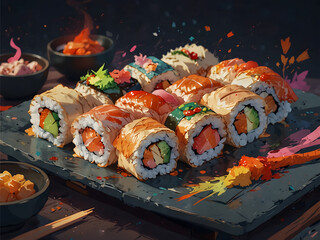 Colorful sushi rolls. A vibrant painting of sushi rolls, showcasing a variety of fresh ingredients and colors