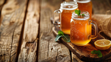 Glasses of fresh kvass on wooden background