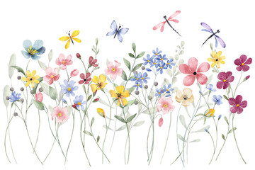 Watercolor blue and pink flowers border banner for stationary, greetings, etc. floral decoration. Hand drawing.	