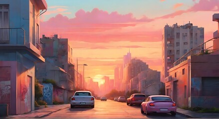 illustration of a settlement on the outskirts of town with a very beautiful sunset, made with generative ai
