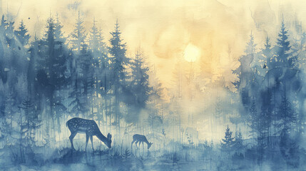 Watercolor painting depicting a deer standing in a misty forest with morning light shining through the trees
