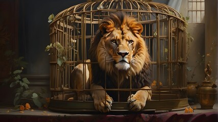 An exquisite painting of a lion in a cage