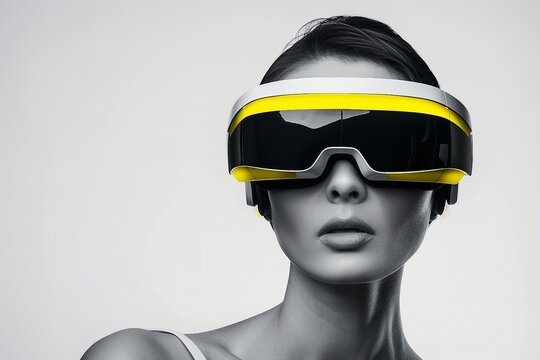 Beautiful woman with flowing hair in futuristic dress on white background. Girl in virtual reality glasses. Augmented reality, game, future technology concept. VR.