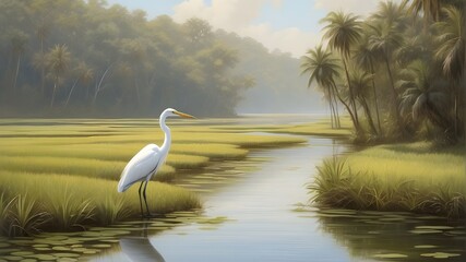 A serene egret wandering on a tranquil marsh - obrazy, fototapety, plakaty