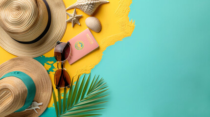 Globe beach accessories and passport on color background