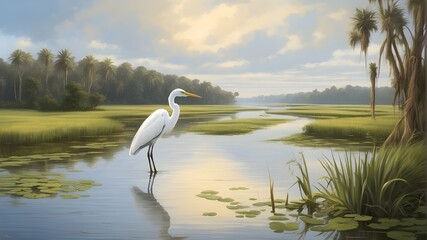 A serene egret wandering on a tranquil marsh - obrazy, fototapety, plakaty
