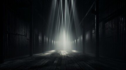 The dark, mysterious warehouse is illuminated by a single light source, creating a dramatic and eerie atmosphere.