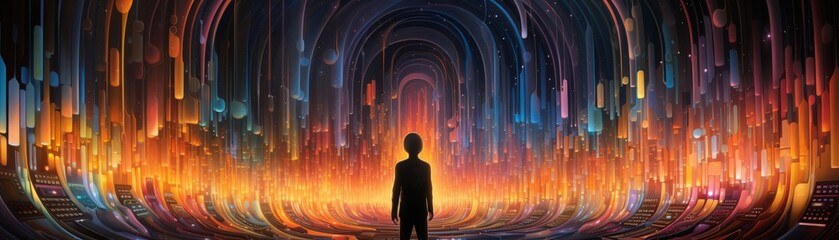 The image is depicting a scene of a person walking through a portal into another dimension