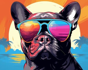 A French bulldog wearing sunglasses is sitting on the beach with the sunset in the background.