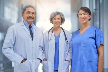 Team, medical and doctor for portrait in hospital with support for healthcare or wellness as...