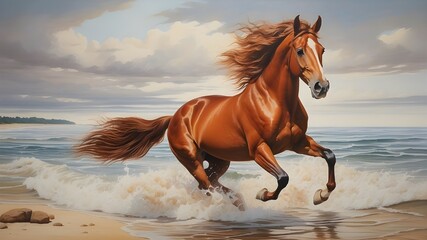 a painting that shows a chestnut horse galloping down the shore.