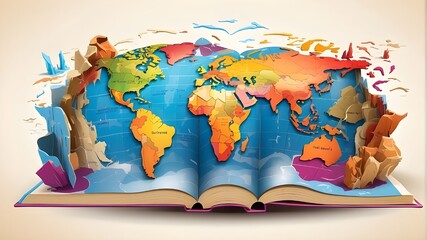 Evangelization is the worldwide religious mission. illustration of a book or bible that is open, revealing a colorful world map within.