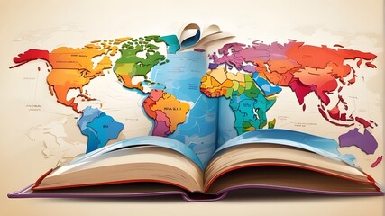 Evangelization is the worldwide religious mission. illustration of a book or bible that is open, revealing a colorful world map within.