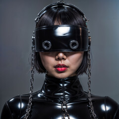 woman in black latex with chains and a blindfold.