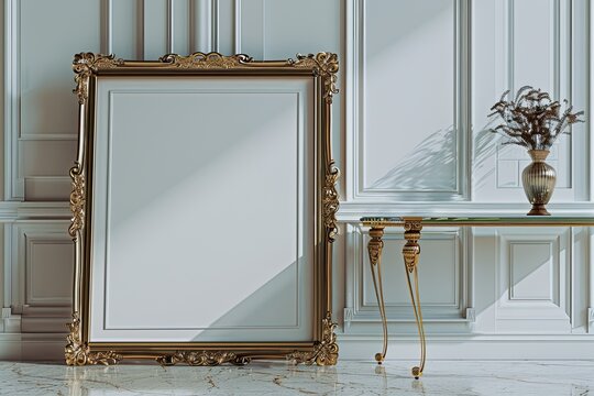 A single blank frame leans against a mirrored console table in an Art Deco-style entryway