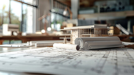 Designer's blueprint workspace.Architectural Blueprints and Models on a Designer's Workspace.working drawing sketch plans blueprints and making architectural construction model in architect.