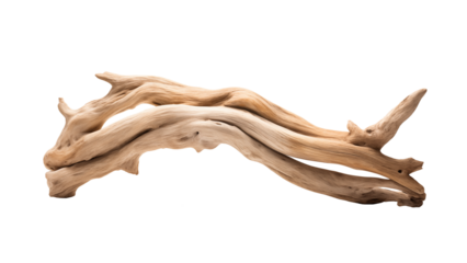 A dynamic driftwood piece with intricate twists and a smooth texture, isolated on a transparent background. Generative AI