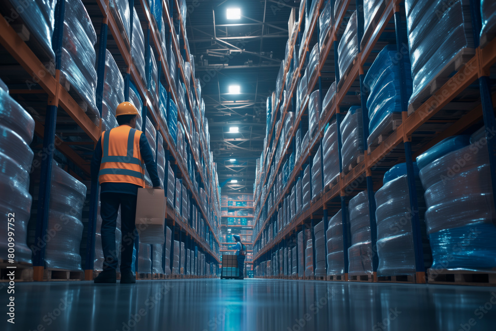 Poster a man in a safety vest is walking down a long aisle of a warehouse. he is carrying a box and he is f