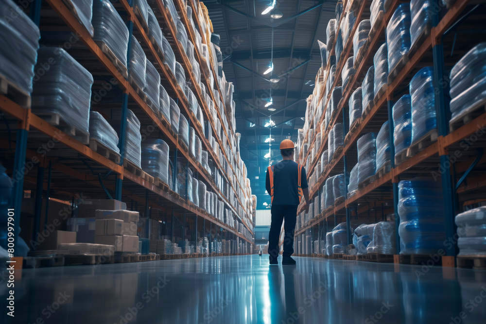 Poster a man in a safety vest is walking down a long aisle of a warehouse. he is carrying a box and he is f
