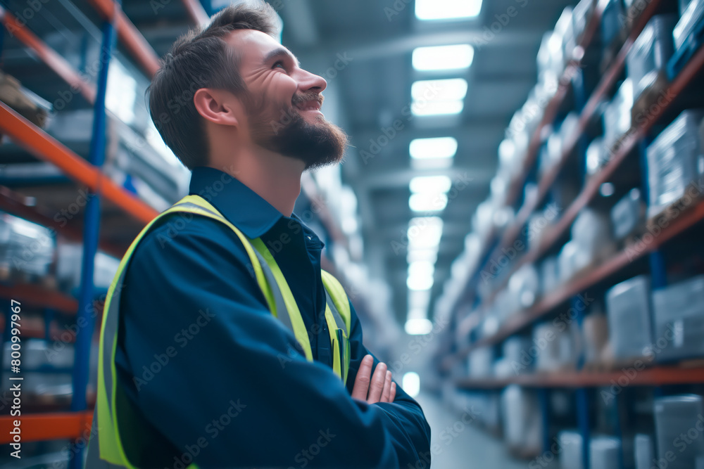 Poster a man wearing a yellow vest is smiling as he looks up at the ceiling. he is in a warehouse with many