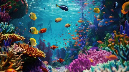 A mesmerizing underwater scene of vibrant coral reefs teeming with colorful fish, showcasing the beauty and diversity of marine life on World Reef Awareness Day.
