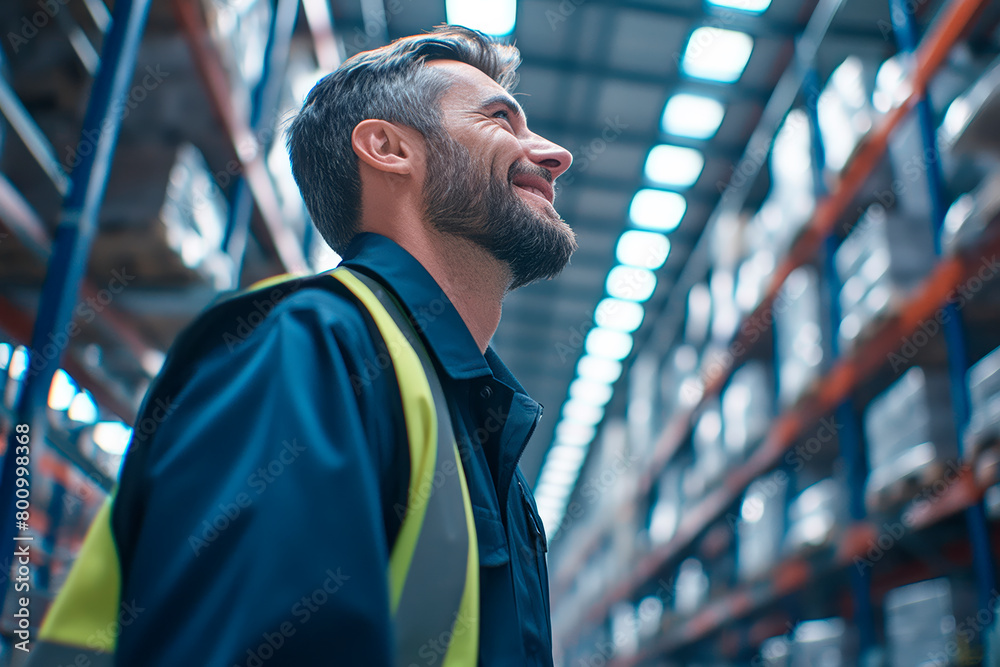 Poster a man wearing a yellow vest is smiling as he looks up at the ceiling. he is in a warehouse with many