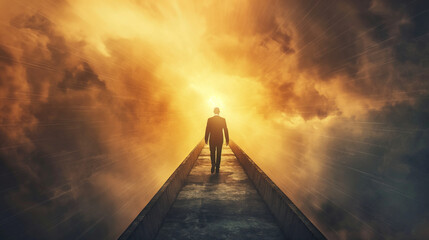 A solitary figure approaches a brilliant light at the end of a bridge, suggesting a journey towards enlightenment or rebirth - obrazy, fototapety, plakaty