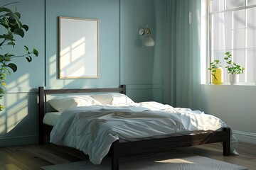 Fototapeta na wymiar A dark wooden bedframe with soft bedding invites restful slumber