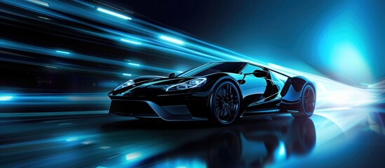 Black modern sports car with futuristic blue motion background