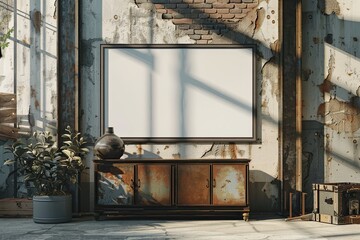 A single blank frame leans casually against a vintage metal cabinet in an industrial-style living room