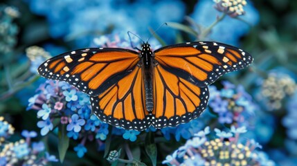 Obraz premium Close-up of a Monarch butterfly in a whimsical fairy garden, its wings contrasting beautifully against blue foliage and bright flowers