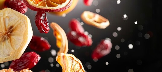 Exotic dried fruits in realistic lighting on dark background with shadows and highlights