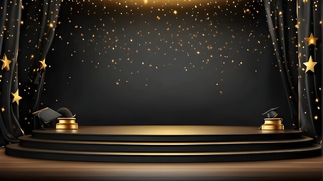 Graduation class background award party banner on an empty stage, podium, or platform for product presentation with room for writing, a black curtain, and falling gold stars