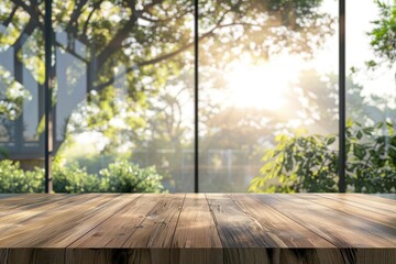 Empty wood table top and blur glass window wall building banner mock up abstract background - can used for display or montage your products - generative ai
