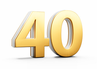 3D Golden Shiny Number 40 Forty With Silver Outline On White Background 3D Illustration