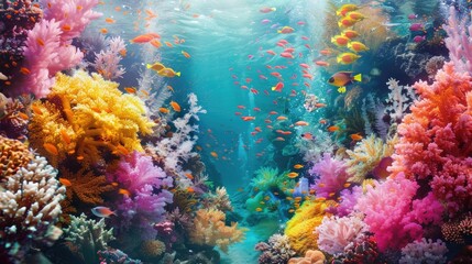 A panoramic view of a vibrant coral garden, with a rainbow of colors and textures, inviting viewers to marvel at the natural artistry of coral reefs on World Reef Awareness Day.