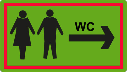 Panneau rectangulaire sur fond vert avec bordure rouge indiquant des toilettes	 - obrazy, fototapety, plakaty