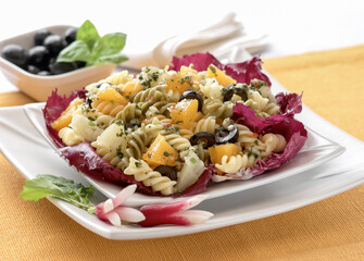 Italian fusilli pasta salad with citrus and olives