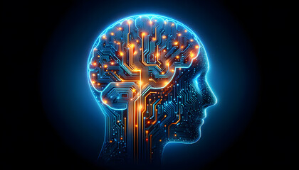 Obraz premium a silhouette of a human head, with an intricate network of circuits and digital pathways inside. The circuits representing the dynamic flow of information.