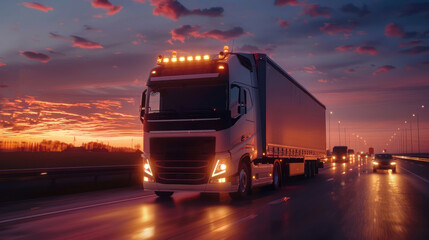 Majestic image of a semi-truck barreling down the highway as the sun sets in the background, casting a warm glow