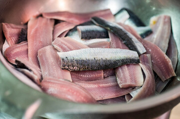 raw anchovy fillets cut and clean for cooking