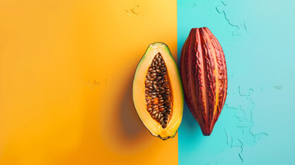 Half of fresh cocoa fruit on color background