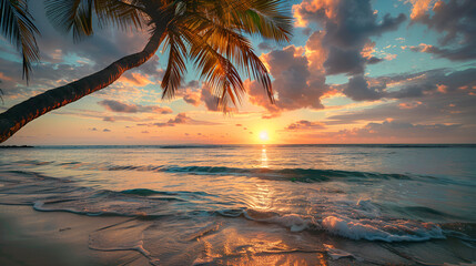 Silhouettes of palm trees on a tropical beach during a vibrant sunset.
