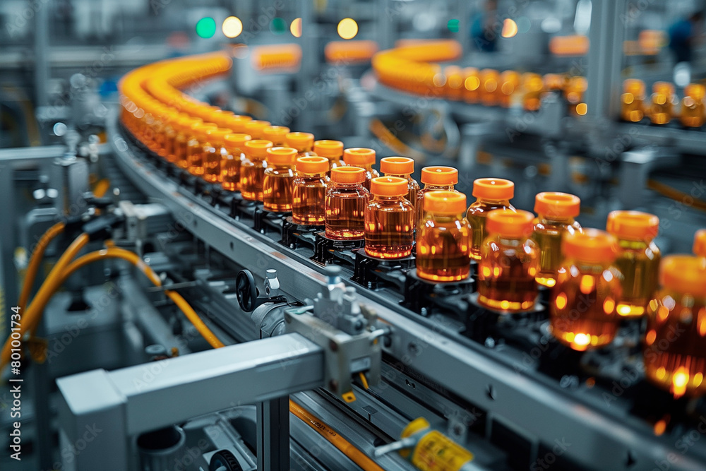 Poster A conveyor belt with many bottles on it. The bottles are lit up and appear to be glowing