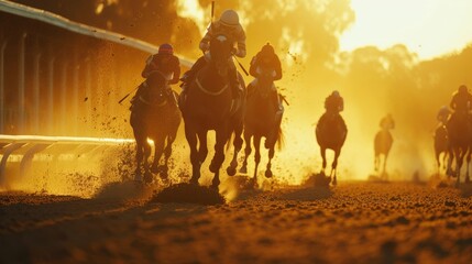 Fototapeta premium Dramatic view of a horse race at dusk, the track lit by golden sunlight filtering through a haze of dust