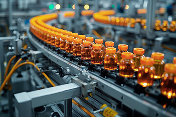 Obraz premium A conveyor belt with many bottles on it. The bottles are lit up and appear to be glowing