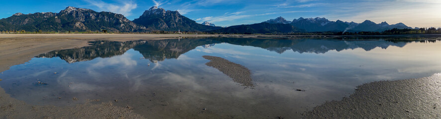 The Bavarian Forggensee at the Allgäu area during the dry out phase and partly reflection