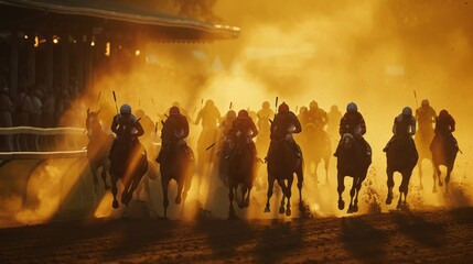 Dramatic view of a horse race at dusk, the track lit by golden sunlight filtering through a haze of dust