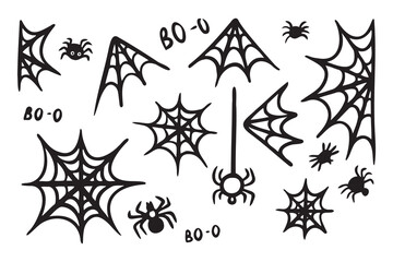 Spider web doodle icons Halloween decoration set. Monochrome Cobweb. Cute Spiders web elements.